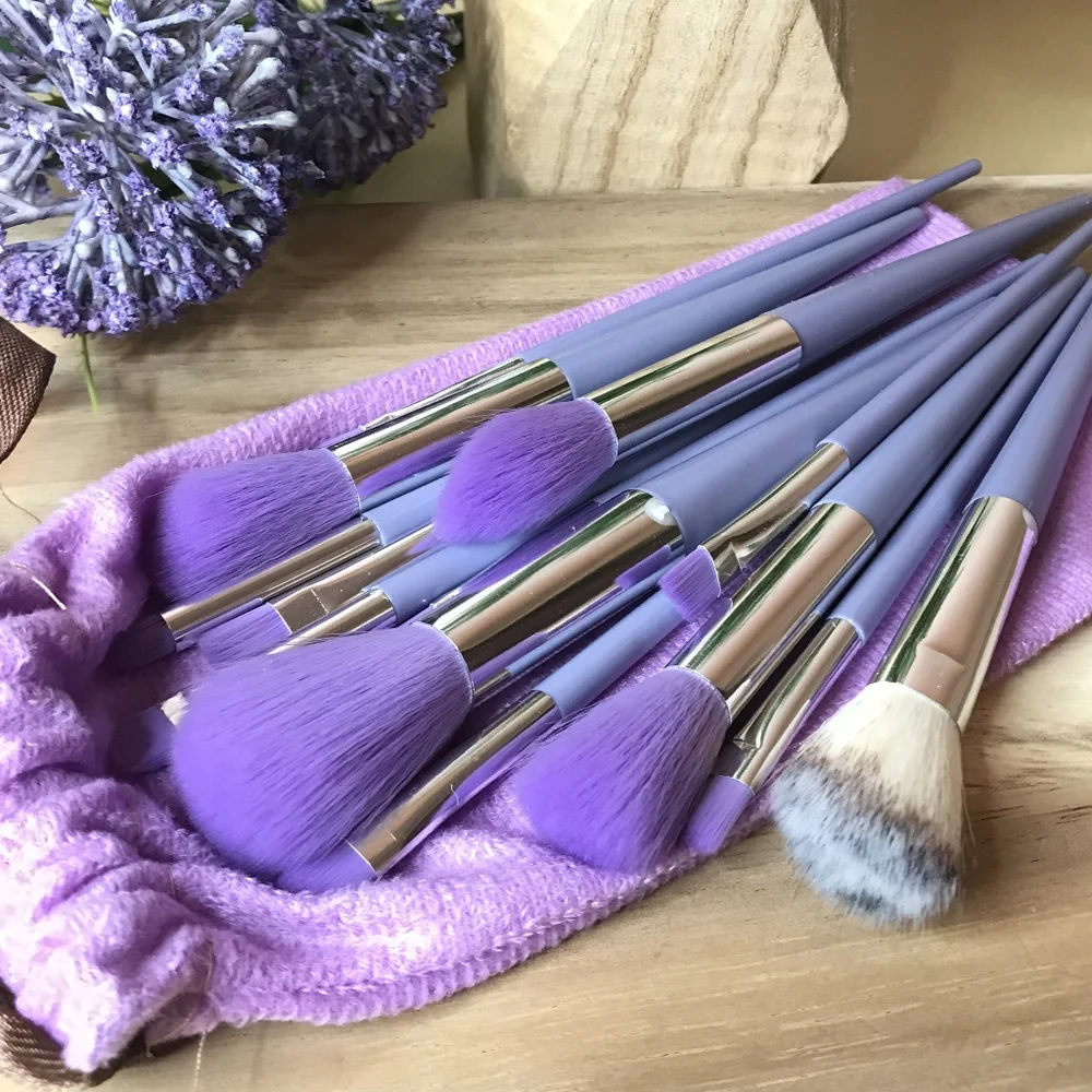 Set Of 13 Pieces Makeup Soft Brushes Lavender Purple Pink With Storage Bag New